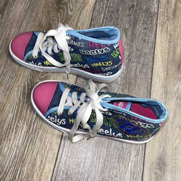 Heelys Veloz Girls Blue Denim Pink High Top Youth US Size 2 100908 Roller Shoes - Picture 6 of 11